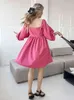 Mnealways18 Puff Mouwen Vakantiever jurken Vrouw Ruches V-Neck Pink Mini Dress Autumn 2022 Sexy Ladies Casual Loose Dress Green T220819