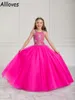 Fuchsia Crystals Beading Girl's Girl's Pageant Dresses Halter Princesa Tulle Ball vestido para crian￧as FLOR GIRN GIRNA BIMERNY Communion Dress CL0924