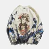 Herrenpullover Hip Hop Pullover Männer Herbst Paar Strickpullover Anime Pekingoper Gedruckt Vintage Pullover Harajuku Grau PulloverHerren