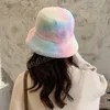 Rainbow Print Winter Warm Furry Bucket Hat Fashion Tie Dye Soft Plush Fisherman Cap Faux Fur Thick Panama Caps For Women Girls