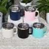 Kaffemuggar med handtag lock rostfritt stål rese tumbler 14oz dubbel väggpulverbelagd kopp vakuumisolerad camping mugg container vatten flaska i bulk