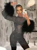 Casual Dresses Sexy Mesh Mini Dress Women Fashion Feathers Tassel Full Sleeve See Through Summer Pink Shinny Club Party Outfit 202277B