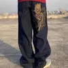 Retro Street Skateboarding Dance Loose Chinese Dragon Brodé Taille Haute Jeans Papa Mopping 220819