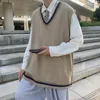 Hommes Preppy Style Chandail Gilets Oversize À La Mode Patchwork Couple Unisexe Japonais Loisirs Tricoté Hommes Pulls Doux Adolescents 220822