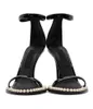 Sommar populära märken faux-pearl keira sandaler skor båge strass som beskriver höga klackar patent läder svart sexig lady sandalias eu35-43 låda