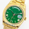 EWF DAG DATUM 228238 ETA A2836 Automatisk herrklocka gul guld r￤fflade Bezel Green Roman Dial Presidential Armband Samma seriekort Super Edition Puretime i8