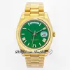 EWF DAG DATUM 228238 ETA A2836 Automatisk herrklocka gul guld r￤fflade Bezel Green Roman Dial Presidential Armband Samma seriekort Super Edition Puretime i8