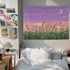 Boho décor peinture à l'huile paysage tapisserie murale lune nuages chambre tête de lit fleurs suspendues Kawaii maison Tapiz J220804