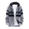 Jaquetas Masculinas Masculinas Casaco com Capuz Color Block Malha Outono Inverno Engrossado Pelúcia Cardigan Suéter Quente Casaco com Zíper Masculino