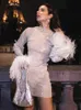 Casual Dresses Sexy Mesh Mini Dress Women Fashion Feathers Tassel Full Sleeve See Through Summer Pink Shinny Club Party Outfit 202221G