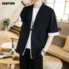 JDDTON Summer Men's Linen Kimono Long Cardigan Outerwear Coats Fashion Streetwear Short Loose Male Jackets Casual Overcoat JE005 220822