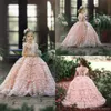 Robes de fille Mignon Rose Dentelle Fleur Fille 3D Floral Appliqued Cap Manches Petits Enfants Mariage Belles Filles Pageant DressGirl's Girl'sGirl'