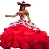 Charro mexicano estilo floral quinceanera vestidos brancos e vermelhos camadas longas baile de baile de baile de banheiro