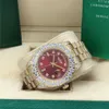 Full Diamond Red Dial President Watch 128238 Sapphire Big Diamond Bezel 43mm Gold Men Automatiska mekaniska handledsklockor med originallåda