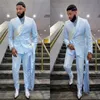 Sky Blue Men Wedding Tuxedos Set 2 Pieces Mönster Slim Fit Peaked Lapel Outfits Blazer Wear