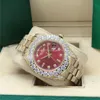 Full Diamond Red Dial President Watch 128238 Sapphire Big Diamond Bezel 43mm Gold Men Automatiska mekaniska handledsklockor med originallåda