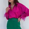 Femmes Blouses Chemises Mode Casual Plume Patchwork Lâche Femmes Été Automne Bouton À Manches Longues Dames Fête Bureau Dame 2022Wom