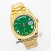 EWF DAG DATUM 228238 ETA A2836 Automatisk herrklocka gul guld r￤fflade Bezel Green Roman Dial Presidential Armband Samma seriekort Super Edition Puretime i8