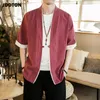 Jddton Summer Men's Linen Kimono Long Cardigan Outerwear Outerwear Fashion Streetwear Krótkie luźne męskie kurtki swobodne płaszcze JE005 220822