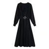 Casual Dresses Elegant Woman Dress With Belt V Neck 2022 Summer Long Sleeve Vocation Party Purple Female VestidoCasual