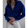 Femmes Blouses Chemises Mode Casual Plume Patchwork Lâche Femmes Été Automne Bouton À Manches Longues Dames Fête Bureau Dame 2022Wom