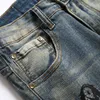 2022 Retro Blue Men's Gedrukte kraal jeans Casual slanke katoenen broek Mid Taille Stretch denim broek Spring herfstpantalones