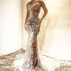 Eine Schulter Meerjungfrau Abendkleider Bunte Stickerei Blume Applique Spitze Sheer Prom Kleid Frauen Party Kleider BC14283