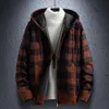 Herenjacks heren herfst winter plaid casual capuchon kasmier kasjmier verdikkende warme trui mannelijke rits toevoegen wollen gebreide jas jas 220826