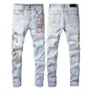 Designer pile jeans européen déchiré jean hommes broderie quilting déchiré pour tendance marque vintage pantalon mens pli mince maigre mode Jeans pantalon droit