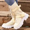 British Style Martin Boots Women Canvas High-top Solid Color Thick-soled Casual Round Head Lace-up Motorcycle Boots