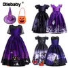 Occasions spéciales Halloween Enfant Sorcière Costume Carnaval Fête Chauve-Souris Fantôme Imprimer Robes Longues Performance Robes Chapeau Citrouilles Bonbons Sac a220826