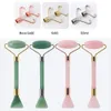 JD018 Rose Quartz Pink Facial Roller Massager Dongling Green Jade Roller med ansiktsmaskskrapa Svetsad Integrerad Mute Metal