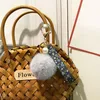 Korean Fashion Pompom Keychain Lanyard Flower Printed Ribbon Pendant Key Chain Car Keyring Holder Bag Charms Accessories