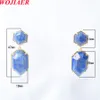 Wojiaer Polygons Shape Stud Earrings Gold Color Color Stone Long Pink Quartz Turquoises Tiger Eye Healing Jewelry Feamle Gift Bo90