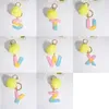 Rainbow Color 26 Initials Letter Key Pendant With Yellow Fluffy Pompom Fashion Girls Charms Handbag Car Pendant Keyring Jewelry