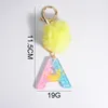 Rainbow Color 26 Initials Letter Key Pendant With Yellow Fluffy Pompom Fashion Girls Charms Handbag Car Pendant Keyring Jewelry