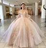 Fleurs Rose Bleu Princesse Quinceanera Robes 2022 Manches Longues Tulle Robe De Bal Perlé Sweet 15 Robe Robes Élégantes XV Vestidos De 15 Anos Robe Bal Médiéval