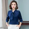 Kvinnors blusar skjortor elegant ljus f￤rg b￥ge satin silk kvinnor skjorta blus l￥ng￤rmad mode koreansk kontor damer arbetar skjorta grundl￤ggande kvinnliga toppar 220826