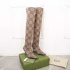 Designerstövlar för kvinnan Hacker Project Aria Sticked Sock Apricot Knee-High Tall Stiletto Stretch lårhög spetsig tå Ankelstövlar Kvinnor lyxiga startskor