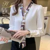 Damesblouses Shirts H Han Koningin Lente Chiffon Eenvoudig Kantoor Dame Blouse Vrouwelijk overhemd Strik Tops Lange mouw Casual Koreaanse OL Losse blouses Dames 220826