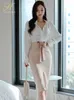 Tvådelklänning H Han Queen Women Spring Ol Work Wear 2 Pieces Set White Blueses Laceup Sheath Pencil Bodycon kjol Chic Female Clothing 220827