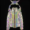 女性冬の虹の反射ホーンパーカスバブルコートパフスキラキラ光沢のあるかわいいフード付きジャケットOutcoat279S
