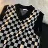 Gilets pour femmes Gilet tricoté coréen damier imprimé col en V sans manches femmes pull en vrac bleu noir style preppy pull pull femme 220826