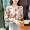 Blouss voor dames chiffon dames blouse o-neck printen casual shirt lange mouw zomerse mode top elegante Koreaanse stijl vrouwelijke kleding