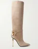 Zimowe luksusowe kobiety długie kolano botki kolanowe Fordlock skórzane buty kobiety zamka i zaburzone paski design marki booty wysokie obcasy impreza ślub EU35-43