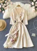 Casual jurken gagaok maxi voor vrouwen lente herfst formeel bloemen borduurwerk midi feest elegante mode chic vestidos 220827