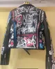 Veste en cuir Pu pour femmes, Parkas à rivets et perles, imprimé Graffiti coloré, vestes et manteaux de motard, veste Punk Streetwear