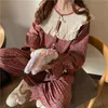 Damen-Schlaflounge, koreanisches Vintage-Karo-Pyjama-Set, Damenmode, Rüschen-Nachtwäsche, lässig, Mori-Mädchen-Outwear, Heimanzug, mittelalterliche Flare-Ärmel, S1025, 220827