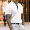 Men's Polos Men T-shirt Solid Color Slim Fit Zipper Stand Collar Short Sleeves Summer Gym Man Pullover Tops White Male Clothes Streetwear