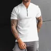 Men's Polos Men T-shirt Solid Color Slim Fit Zipper Stand Collar Short Sleeves Summer Gym Man Pullover Tops White Male Clothes Streetwear